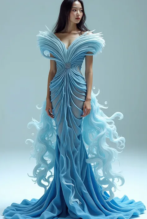 Creative Blue Clothing Design，Designer style by Iris van Herpen，The Curve of Marine Life，sense of fashion lines，Bone structure，symmetrical design，Blue and white lines，beautiful , stylish and expressive picture of a blonde, Vadim Kashin. super realism，Accen...