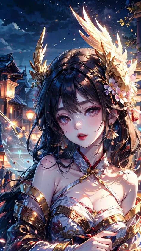 night，Flower Lantern Festival ， A Chinese Woman ，long hair,  delicate cheeks ， Eyebrow Makeup ，headgear,  Earrings, Chest,  Wearing a Red Fairy Dress ， Golden Phoenix Exquisite Design，Handheld Flower Lamp ，