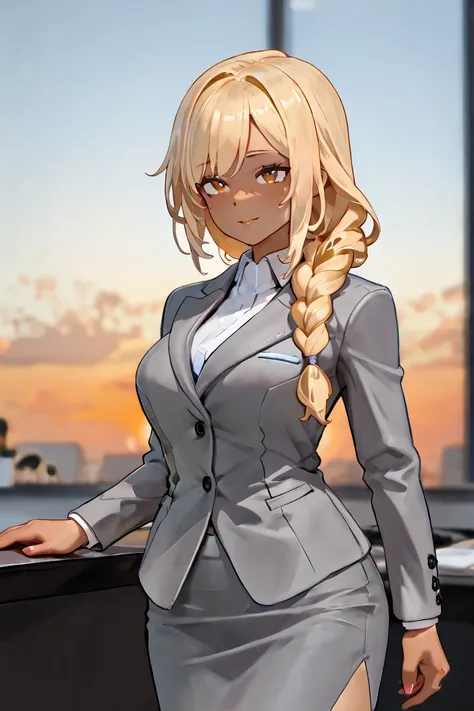  very pretty girl.,   magnificent face,   Long Blonde  ,    Skirt , secretary,  Blurred background , In the office,  sunset,  in a dark gray suit, White underwear , Tanned skin,  cool face color, A single braid 