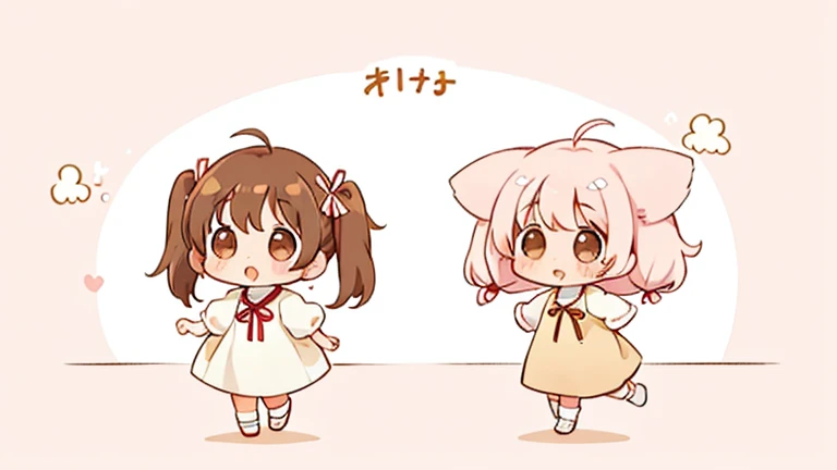  CUTE DESIGN ,  The most beautiful girl I've ever seen 、 chibi, deformed　 plain background　 1 girl, twirling twin tails ,  light pink hair　Droopy white dog ears ,  chibiキャラ　The vertical roll floats fluffy　cute white and brown dress　Put a brown ribbon on yo...