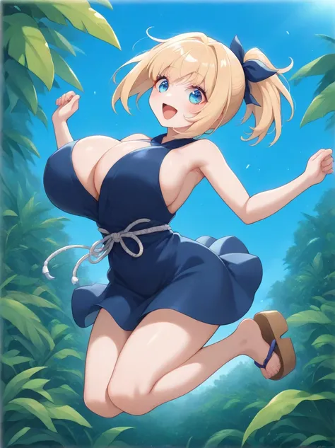 score_9, score_8_up, score_7_up, score_6_up, source_anime, BREAK 1girl, solo,  dskohaku, blonde hair, short ponytail, blue eyes, dark blue dress, cleavage, sleeveless, white rope belt, big breasts, looking at you, blue sky, platform footwear, sandals, jump...