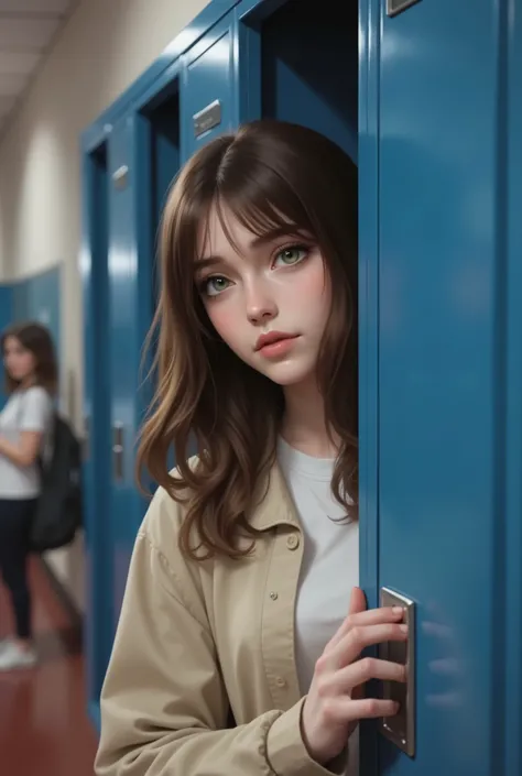 20 year old woman, long wavy brown hair with bangs, green eyes, she wears a white t-shirt and a beige jacket. she appears from the waist to the head, she is sideways looking forward while holding the open door of the school locker, the locker is blue, the ...