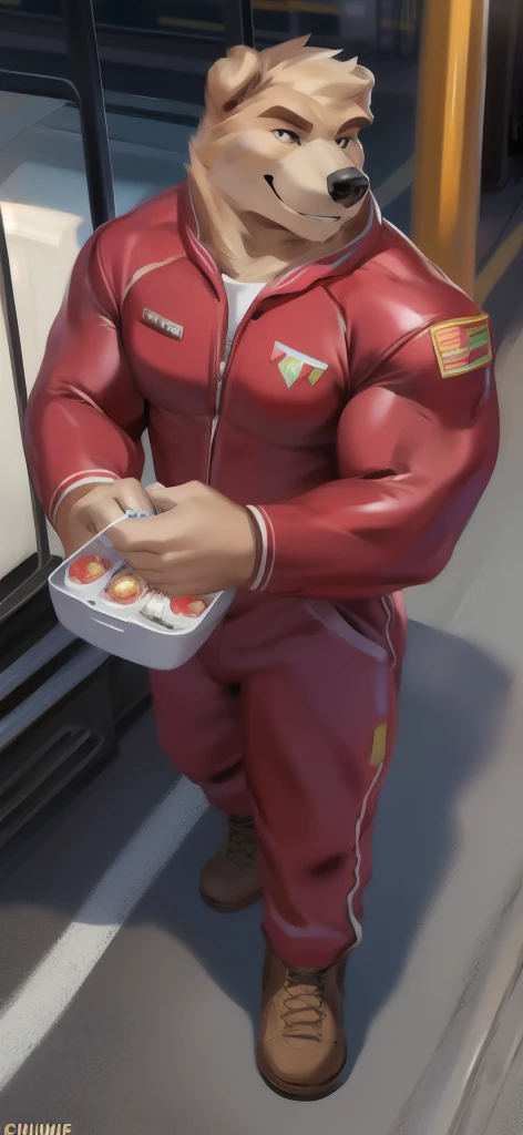  alone, male Tall​,huge​ body​, stand,Holding a lunch box, there is a lot of sushi food., road, ​ bear labrador​,​  pink​ military spacesuit,  heavy overload,  muscle bundle, smirking,by chunie ​