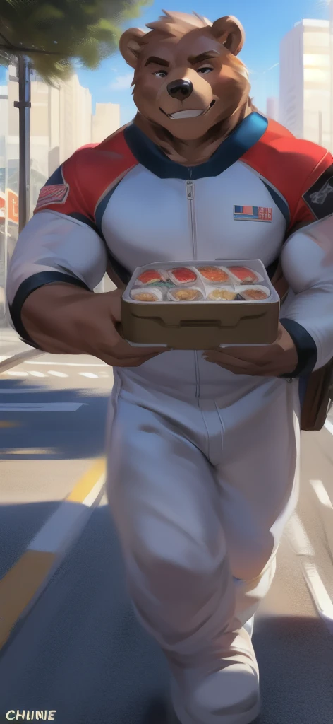  alone, male Tall​,huge​ body​, stand,Holding a lunch box, there is a lot of sushi food., road, ​ bear labrador​,​  pink​ military spacesuit,  heavy overload,  muscle bundle, smirking,by chunie ​