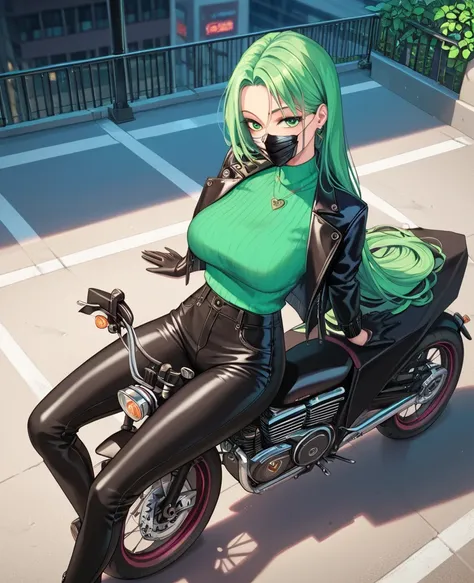 score_9, score_8_above, score_7, score_6,  source  _animated, 1mature_FE,  just 1 woman,  seductive look,  neon green hair ,  Very long hair,  green eyes, black mask, green sweater,  black leather pants ,  black leather jacket ,  black leather gloves, sitt...