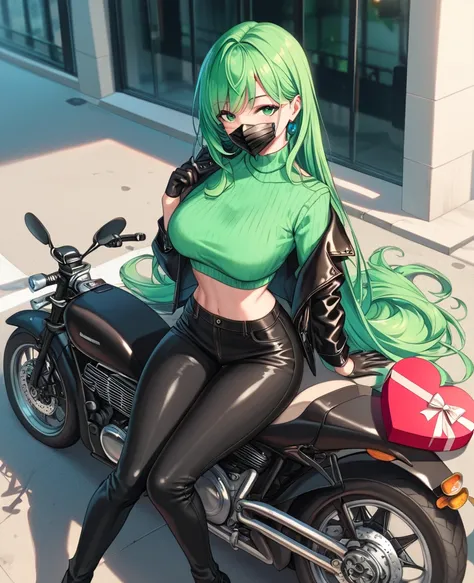 score_9, score_8_above, score_7, score_6,  source  _animated, 1mature_FE,  just 1 woman,  seductive look,  neon green hair ,  Very long hair,  green eyes, black mask, green sweater,  black leather pants ,  black leather jacket ,  black leather gloves, sitt...