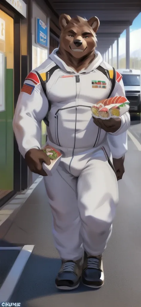  alone, male Tall​,huge​ body​, stand,Holding a lunch box, there is a lot of sushi food., road, ​ bear labrador​,​  pink​ military spacesuit,  heavy overload,  muscle bundle, smirking,by chunie ​