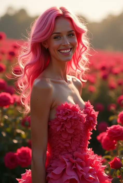 A Radiant happy pink haired lady. Athletic thin body. field of roses. Wearing a outfit made of real life rose petals, cascading all over her. Natural glowing light. Sudective smile. Surrealist.