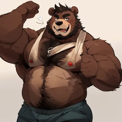 bear, furry, brown fur, handsome, very muscular, very big, extremely hot and sexy, beard, hair, chest hair, charming eyes, solo, male, happy expression, daddy, full body, big body, clothes, middle aged, by hyaku, by darkgem, by glitter trap boy