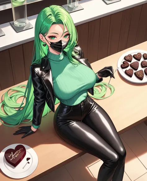 score_9, score_8_above, score_7, score_6,  source  _animated, 1mature_FE,  just 1 woman,  seductive look,  neon green hair ,  Very long hair,  green eyes, black mask, green sweater,  black leather pants ,  black leather jacket ,  black leather gloves,  nec...