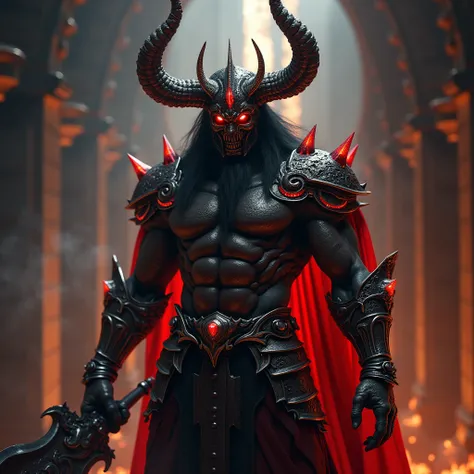 Sirphyton fiery and fierce demon warrior, the figure stands adorned in finely crafted armor, the helmet covers the face, Fade, boots and thigh highs, and demonic with glowing red and orange accents. Bright red demonic eyes, Long, black hair flows beneath t...