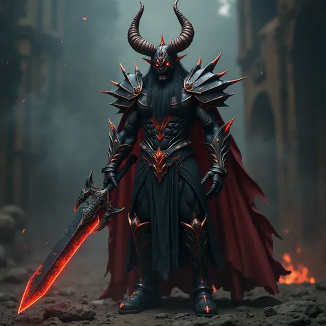 Sirphyton fiery and fierce demon warrior, the figure stands adorned in finely crafted armor, the helmet covers the face, Fade, boots and thigh highs, and demonic with glowing red and orange accents. Bright red demonic eyes, Long, black hair flows beneath t...