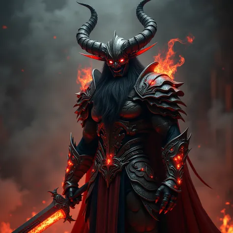 Sirphyton fiery and fierce demon warrior, the figure stands adorned in finely crafted armor, the helmet covers the face, Fade, boots and thigh highs, and demonic with glowing red and orange accents. Bright red demonic eyes, Long, black hair flows beneath t...