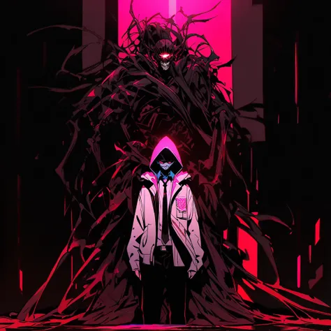 A skeletal figure with glowing red eyes, a sharp grin, and a hooded jacket that drapes ominously over a formal suit and tie. The mix of business attire and streetwear gives off a sinister yet calculated presence, as if he operates between the lines of orde...