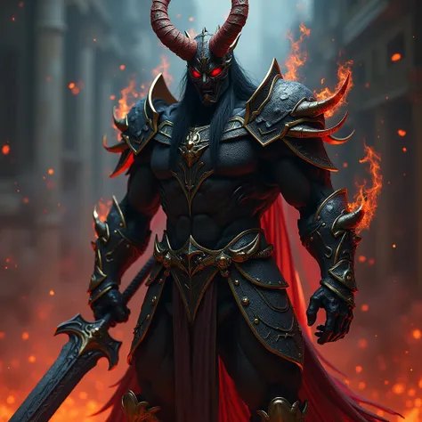 Sirphyton fiery and fierce demon warrior, the figure stands adorned in finely crafted armor, the helmet covers the face, Fade, boots and thigh highs, and demonic with glowing red and orange accents. Bright red demonic eyes, Long, black hair flows beneath t...