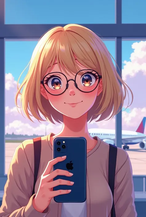 " A detailed anime-style illustration , y flat vector style ,  of a young blonde girl with short hair up to the shoulders and with glasses that take a selfie with your smartphone, You must be smiling .  The perspective should be from the front camera of th...