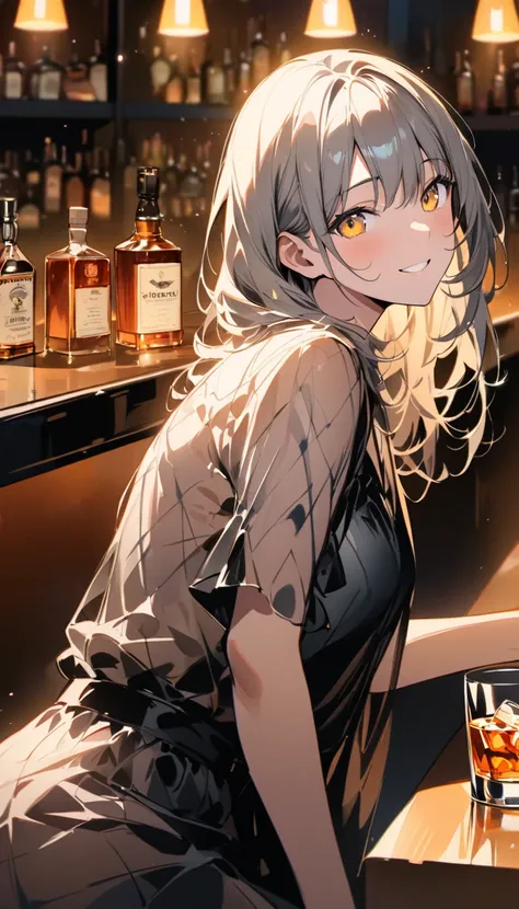  completely anatomically correct:1.2、 top quality、 watercolor、 colorful charcoal art 、 anime、 Masterpiece、 ultra-fine illustration 、Orange fluorescent light 、 soft light 、 rimlight、Shine of light、woman、 black see-through dress 、（ whiskey bar counter 、 WHIS...