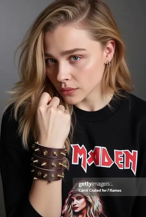 Carrie white who wears a iron maiden t-shirt and  and wears a LEATHER Bracelet - 3 Rows of 7 Flat Nails flirt