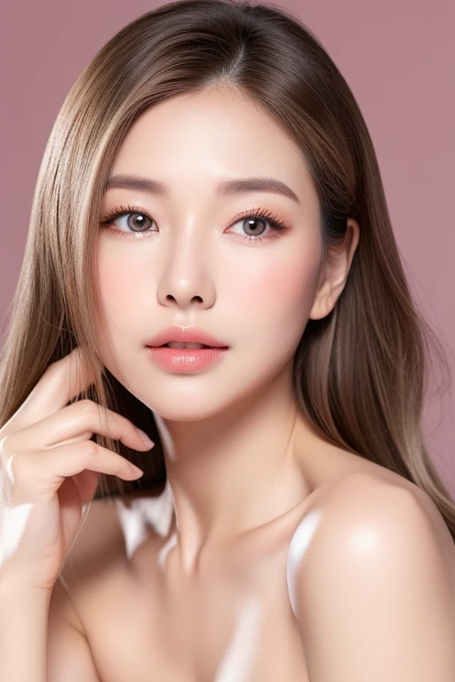 A ager female with fair skin, long straight grey hair with quite golden eyes and a gentle expression, with soft pink blush on my cheeks and light pink lips.