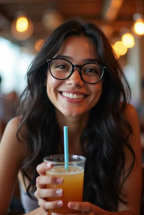 smiling woman in glasses holding a drink and a straw in a restaurant, headshot profile picture, wavy long black hair and glasses, very very low quality, very very low quality picture, slight nerdy smile, very silly looking, cute slightly nerdy smile, with ...