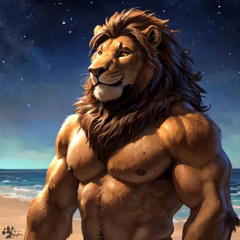 Lion, light brown lion, muscular, cornelius, lionman, cornelius, brown eyes, yellow sclera, solo, detailed, detailed face, anthro, male, adult, heavyweight, very muscular, (ocean background, night, night sky, black night, black sky, starry sky):1.1, beauti...