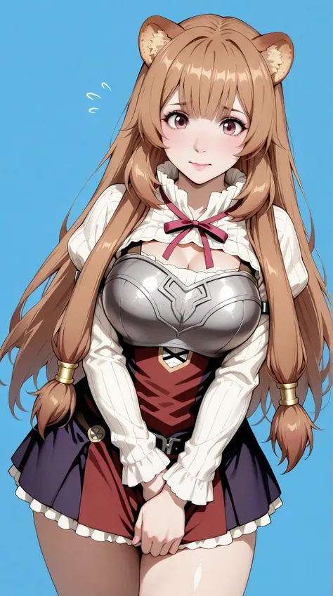 masterpiece, extremely detailed,perfect skin texture,4k,solo,1girl ,((fullbody)),raphtalia, kawaii,sexy legs,perfect body,large breasts,bangs,brown eyes,armor,breastplate
sweater,ribbon,long sleeves,red dress
skirt,housewife, high detailed, best quality, u...