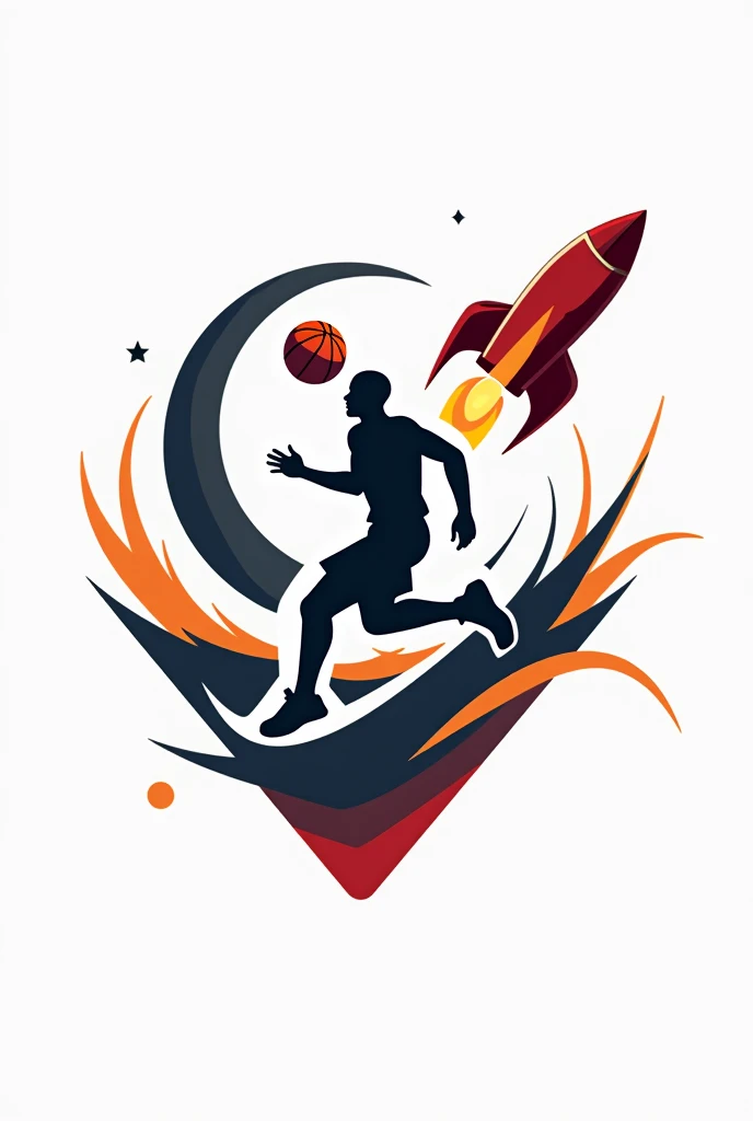 Make a simple logo with detailed parts of a team called Air Rockets,  with a basketball player hurling a moon, with a rocket going behind  