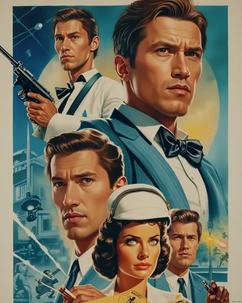 Action movie posters of a group of handsome detectives wearing blue elegant outfit and detective movie escenes in the poster and detectives objects, detective movie poster, 