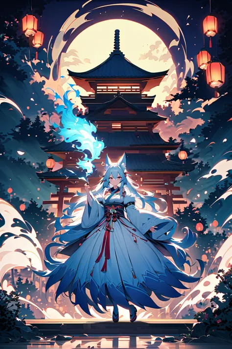 torii　Shrine maiden　Nine-Tailed Fox　fox Light blue hair 　beast girl　indigo fur　fox beast girl　fox Light blue hair 　beast girl　indigo fur　fox beast girl　Wallpaper 4k,8k,highly detailled,,vivid colors,detailed kitsune with 9 tails,traditional Japanese artwor...