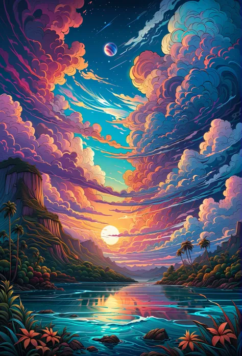 Jupiter Illustrations &#39; Dan Mumford Clouds ,  Exotic Scenery and Vegetation,   epic scene, Lots of Swirling Clouds , High exposure,  very well detailed,  by Nomi, Bright Bluish Colors , 