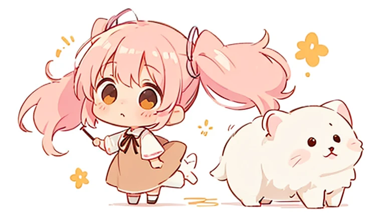  CUTE DESIGN ,  The most beautiful girl I've ever seen 、 chibi, deformed　 plain background　 1 girl, twirling twin tails ,  light pink hair　Droopy white dog ears ,  chibiキャラ　The vertical roll floats fluffy　cute white and brown dress　Put a brown ribbon on yo...