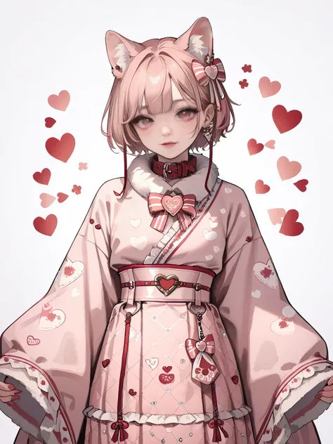  light pink kimono 、Ruffle collar and sleeves 、 Belt with Valentine's Day heart pattern、fluttering hem、 Fluffy skirt 、 Belts with cute bows 、 Lightness of chiffon material 、 Graceful Silhouette 