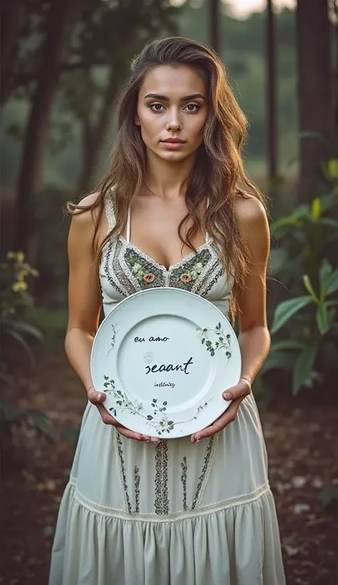  Beautiful girl with long wavy hair, bohemian dress,  holding a white plate with the text "Eu amo Seaart Infinity" and showing her to the spectator 