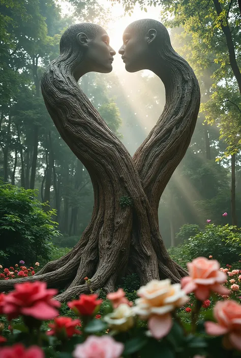 Two massive intertwined trees, towering above the forest, forming the shape of a heart. Their trunks are colossal, with bark intricately textured to resemble human figures, capturing the delicate features of a couple locked in a tender kiss. The branches r...