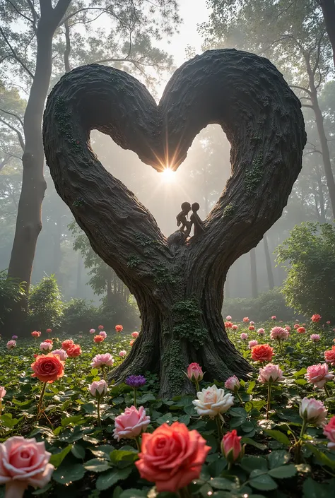 Two massive intertwined trees, towering above the forest, forming the shape of a heart. Their trunks are colossal, with bark intricately textured to resemble human figures, capturing the delicate features of a couple locked in a tender kiss. The branches r...