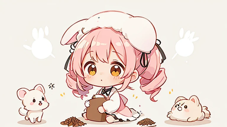  CUTE DESIGN ,  The most beautiful girl I've ever seen 、 chibi, deformed　 plain background　 1 girl, drill twin tail,  light pink hair　Droopy white dog ears ,  chibiキャラ　The vertical roll floats fluffy　cute white and brown dress　Put a brown ribbon on your ha...