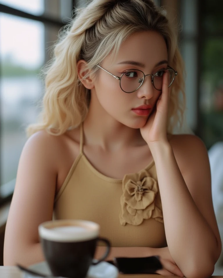 Young blonde girl with glasses ,  in a tank top sits at a table with a cup of coffee, sitting in a cafe alone, sitting in a cafe,  sitting alone in a cafe, наслаждаются кофе in a coffee shop, in a coffee shop, drinks coffee, drink coffee,  Attractive girl,...