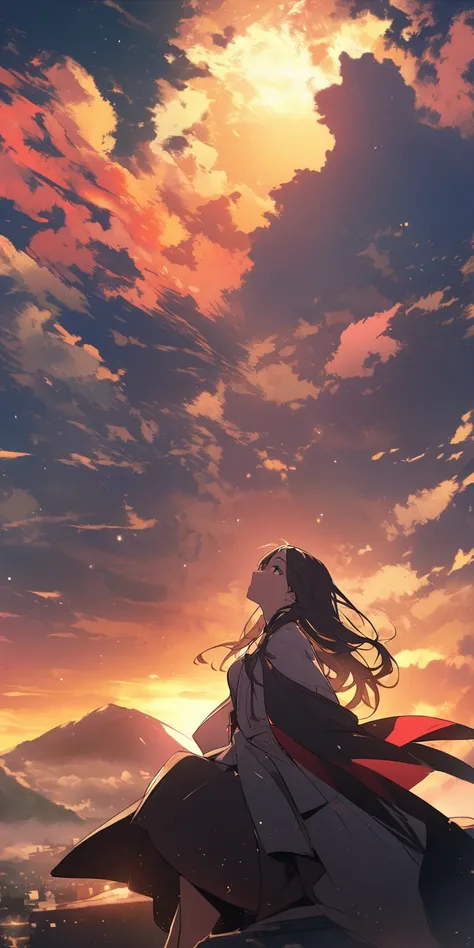  The landscape is the main thing 。 of high quality down to the last detail。 You are on the roof of the school 。 Beautiful woman looking up to the sky 。 A woman who looks like an adult 。 Sunset。marvelous空。sunny。marvelous。marvelous landscape。