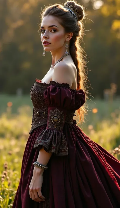 Late medieval aesthetic. Sideless surcoats, Hennin headdress, Dramatic, flowing sleeves and dark, rich fabric, Full body pose. princess, full body, hyper realism, realistic, 8k, soft light, cinematic, hyper realistic, Low-contrast film, 4k, 8k resolution, ...