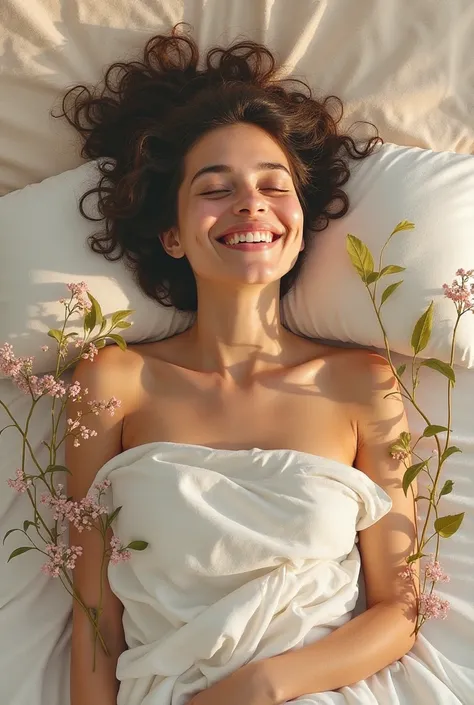  A visual collage with images of well-being : a person waking up with a smile ,  radiant skin ,  and a relaxed body sleeping soundly