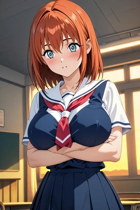  beautiful 3d anime style girl,  with big breasts,  ,  schoolgirl clothes, In a school, showing breasts to the spectator and smiling