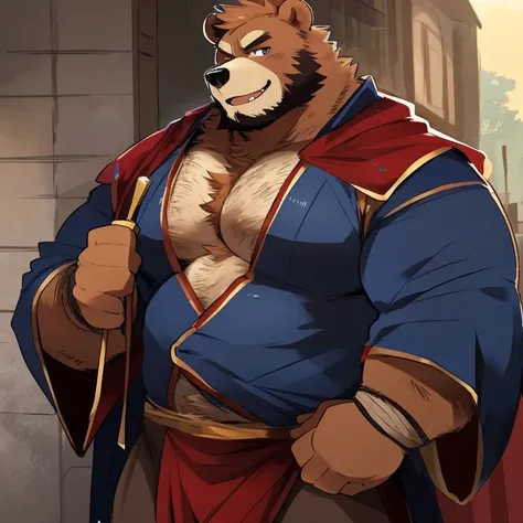 bear, furry, brown fur, handsome, very muscular, very big, extremely hot and sexy, beard, hair, chest hair, charming eyes, solo, male, happy expression, daddy, full body, big body, red medieval clothes, middle aged, by hyaku, by darkgem, by glitter trap bo...