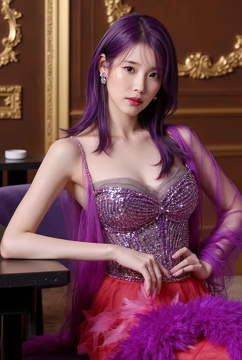 Korean purple hair butterfly woman with headphone and purple outfit with pink red and sexy transparent outfit restaurant background with gold details full body elegant shiny outfit and feathers