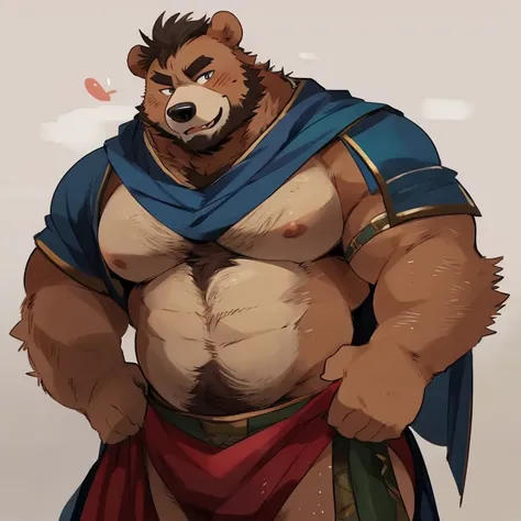 bear, furry, brown fur, handsome, very muscular, very big, extremely hot and sexy, beard, hair, chest hair, charming eyes, solo, male, happy expression, daddy, full body, big body, red medieval clothes, middle aged, by hyaku, by darkgem, by glitter trap bo...