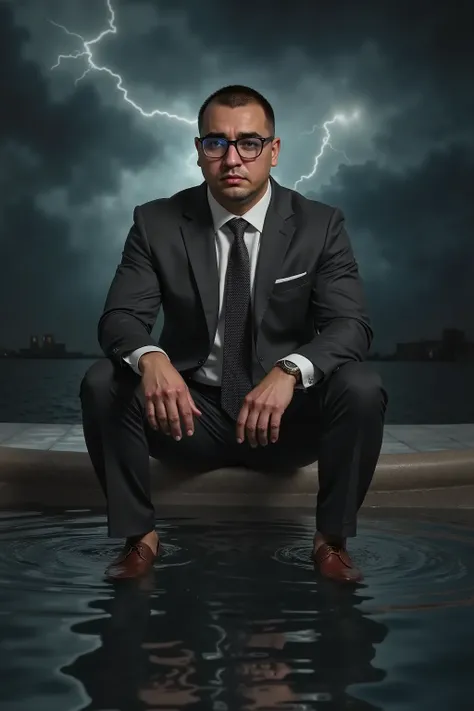 a strong man in glasses and a suit sitting on a chair in the center of a pool of water in the background storm and lightning, on a dark night, cinematographic lighting