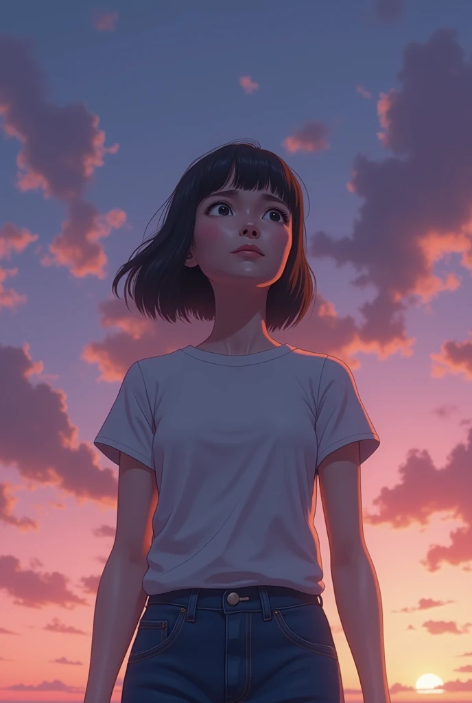 break:  a Japanese woman in her 40s 、 bob cut from behind、 dark brown hair、 jeans、 white t-shirt。 CG animation style （ texture like the Despicable Me series ）。 look up at the wide sky outside 、 expression mixed with sadness and abandonment 。 the sky at dus...