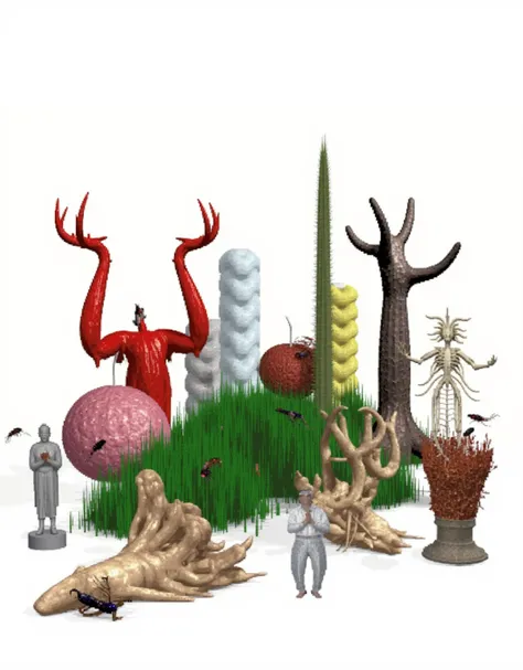 collection of large 3d, patch of grass, colored tree roots, prickly cactus, organs, exoskeleton, greasy, glistening amphibian surface, sweaty, blistered surface, alien tech, metal pipe, powder-coated metal, vacuum-sealed texture, inflatable pool object, sc...