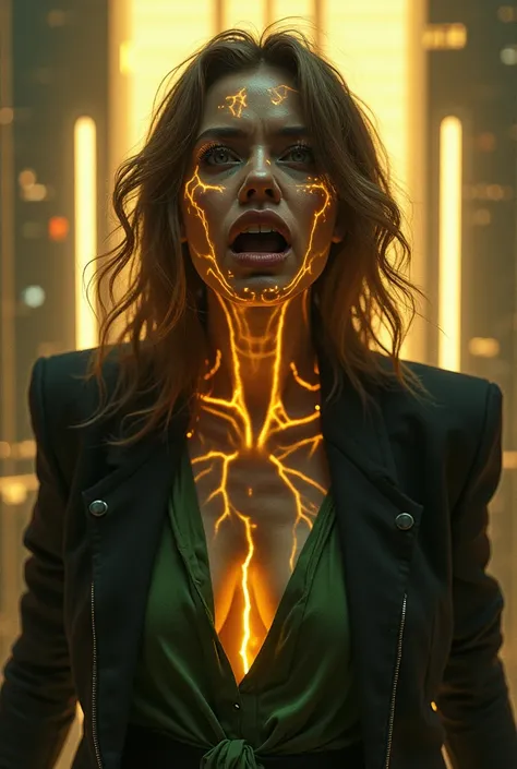  Female character,  light brown hair , furious, Golden face and body veins , Wearing a black jacket and a green blouse, close-up,  behind huge window view of illuminated buildings,  high quality nipple, cinema, fiction, Fantasy 