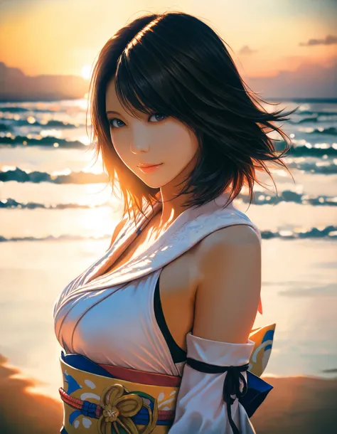 masterpiece, high score, great score, absurdres, 16k, Ultra detailed, (photorealistic : 0.5), 1girl, yuna \(ff10\), final fantasy, sandy beach, sunset, year 2016, upper body