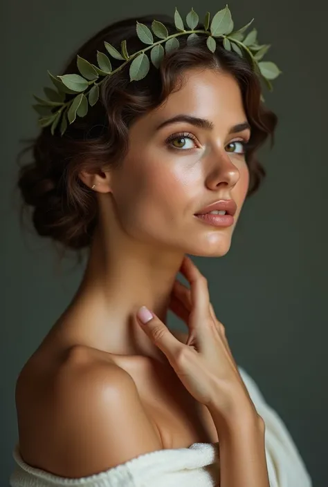 Greek woman with her hair tied up, showing only her face with her beautiful body hair with a laurel wreath with medium-sized leaves , too sexy woman,  in the half-profile position, and his perfect hands lightly touching the neck, labios perfectos , the det...